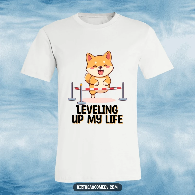 Funny Shiba Inu gamer t-shirt, determined virtual obstacle course, joyful gamer dog, esports apparel, online challenge graphic.