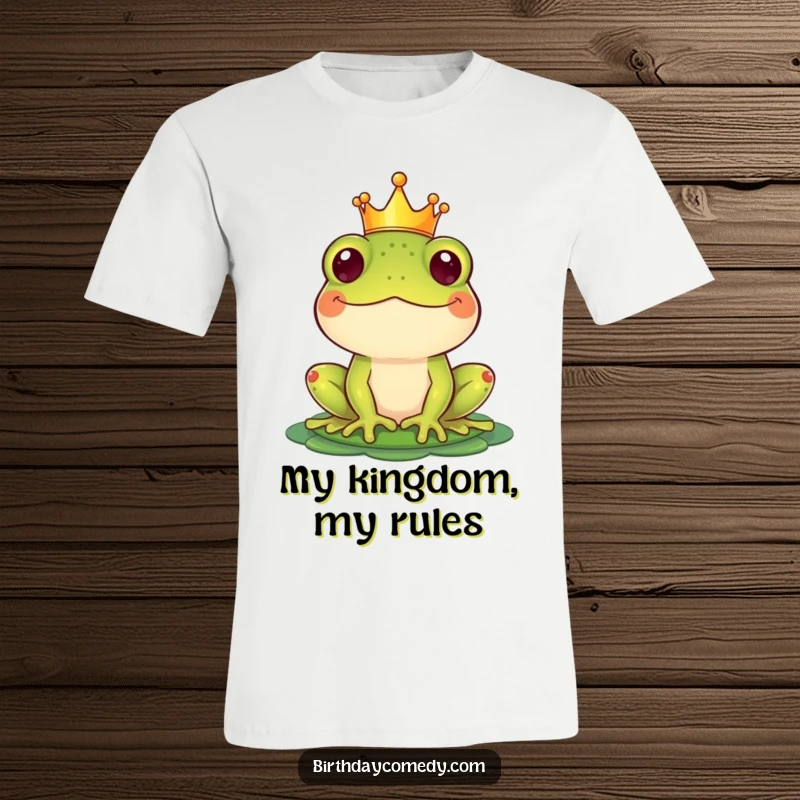 Funny T-Shirt with a happy frog wearing a crown and balancing a lily pad hat, looking regal and amused.