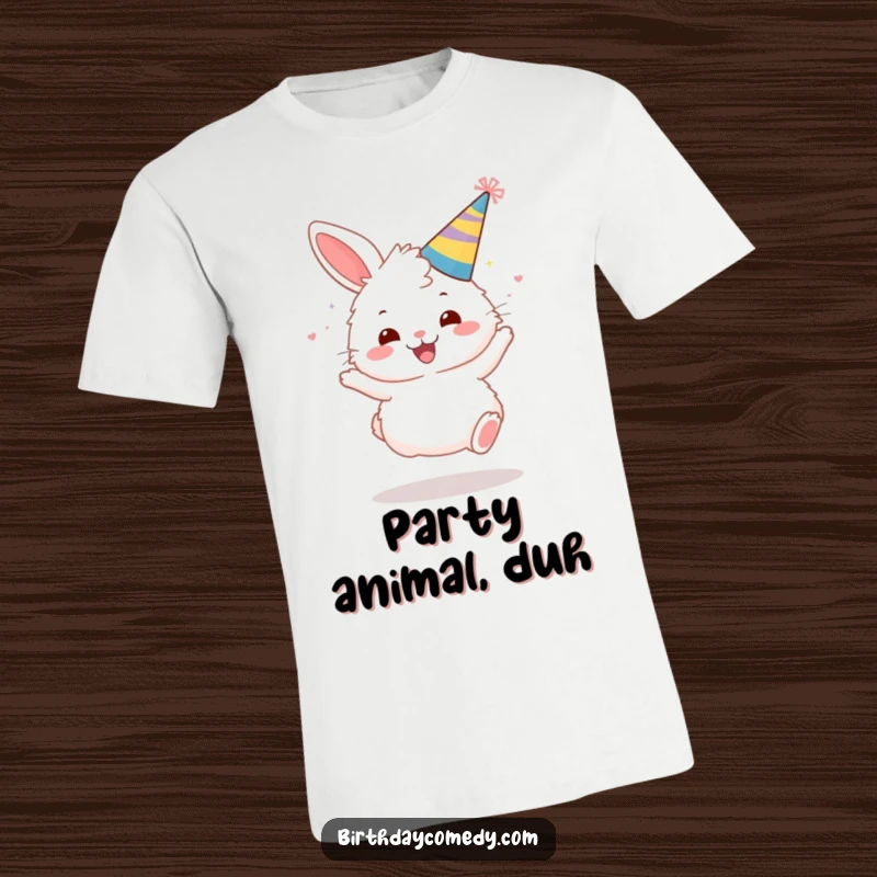 Funny t-shirt depicting a fluffy bunny in a party hat, bouncing with pure, unadulterated glee.
