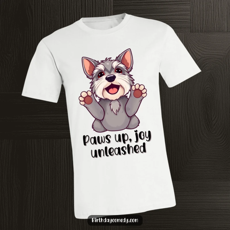 Funny schnauzer t-shirt showing a dog with paws up, looking joyfully at its owner, a humorous pet apparel.