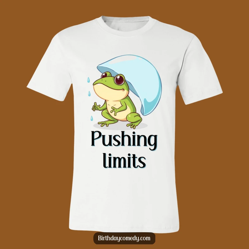 Funny Frog Pushing Raindrop T-Shirt - Comical Determined Amphibian Tee Gift