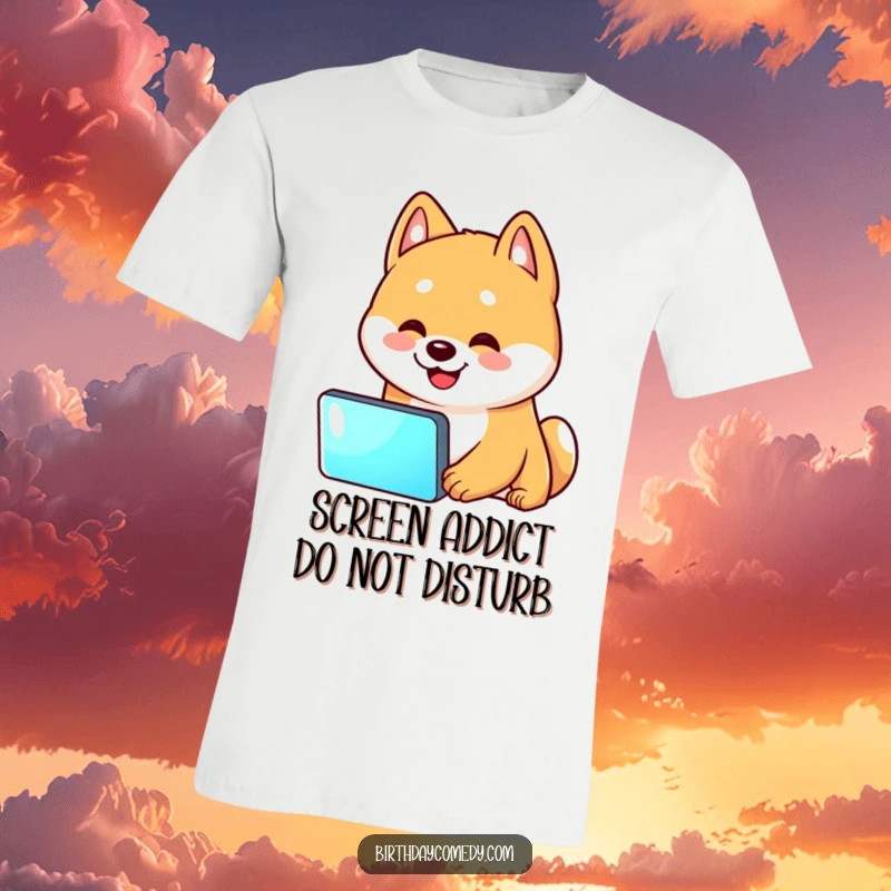 Funny Shiba Inu t-shirt showing a Shiba Inu tilting its head, captivated by a glowing screen, embodying tech humor.
