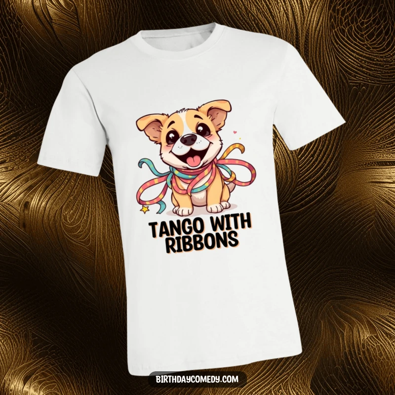 Funny Dog Ribbon T-Shirt: A silly dog is adorably entangled in a colorful mess of festive ribbons, radiating pure happiness.