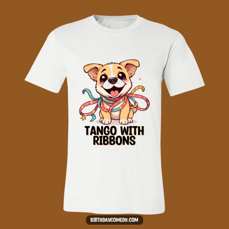 Funny Dog Ribbon T-Shirt: Silly Dog in Festive Ribbons, Humorous Holiday Apparel Gift