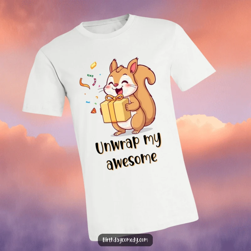 Funny squirrel t-shirt featuring an excited squirrel holding a gift box with colorful unwrapped streamers flying around it.