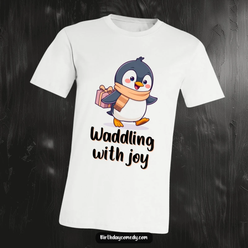 Funny penguin t-shirt, sporting a scarf and waddling energetically with a present, radiating holiday excitement.