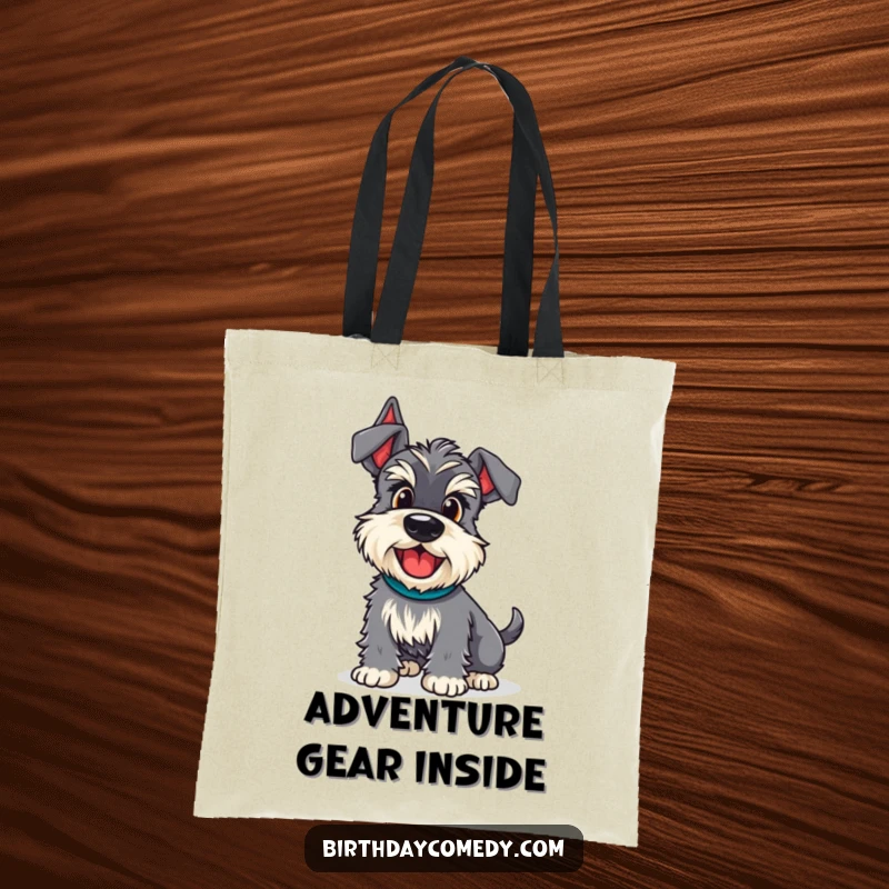 Funny schnauzer tote bag featuring a dog with an excited wiggle, ready for adventure, a humorous travel companion.