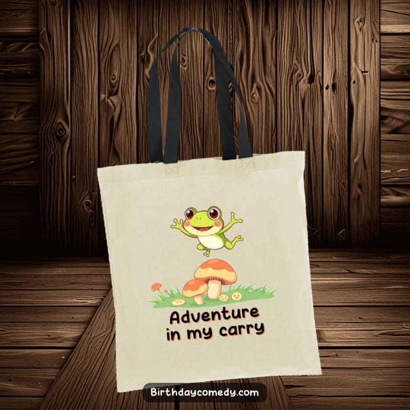 Funny Tote Bag with a curious frog leaping between mushroom caps, perfect for carrying essentials on the go.