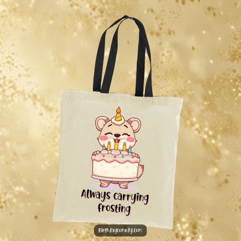 Funny tote bag with a stylized animal presenting a massive, frosted birthday cake, ideal for everyday use.