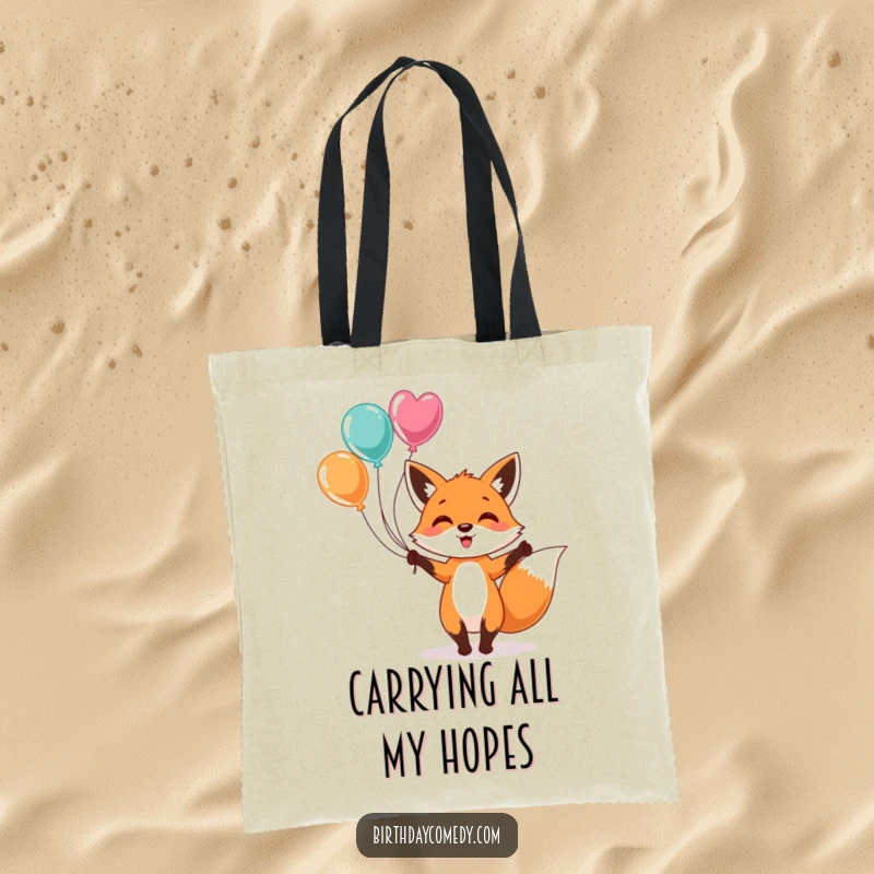 Funny Tote Bag: A cheerful fox enthusiastically juggling colorful balloons, designed for stylish and humorous everyday use, highlighting joy.
