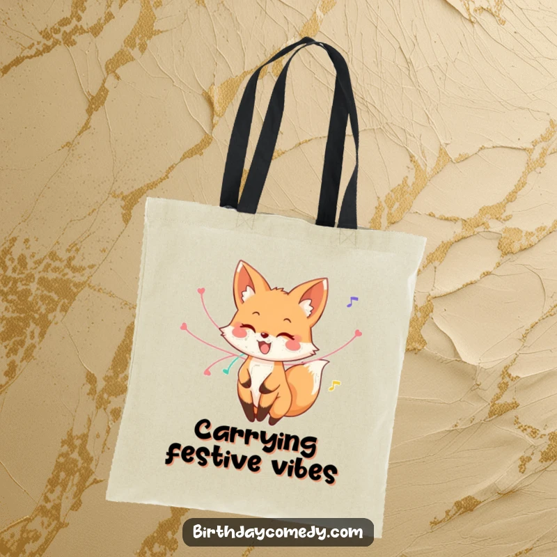 Funny fox tote bag, a happy fox with streamers on its tail, joyfully twirling, a practical and humorous accessory for daily use.