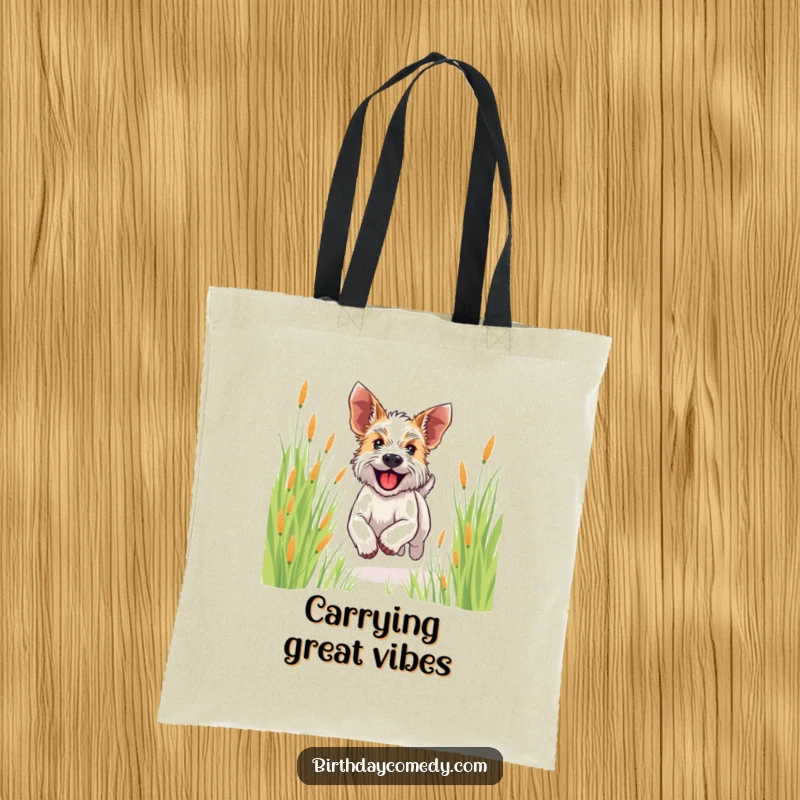 Funny terrier tote bag featuring a happy dog running through tall grass, ears flapping, radiating pure joy and a sense of freedom.