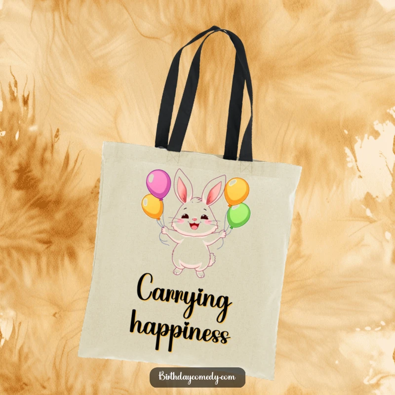 Funny tote bag illustrating a fluffy bunny with a wide smile, juggling a bunch of colorful balloons, perfect for carrying essentials.