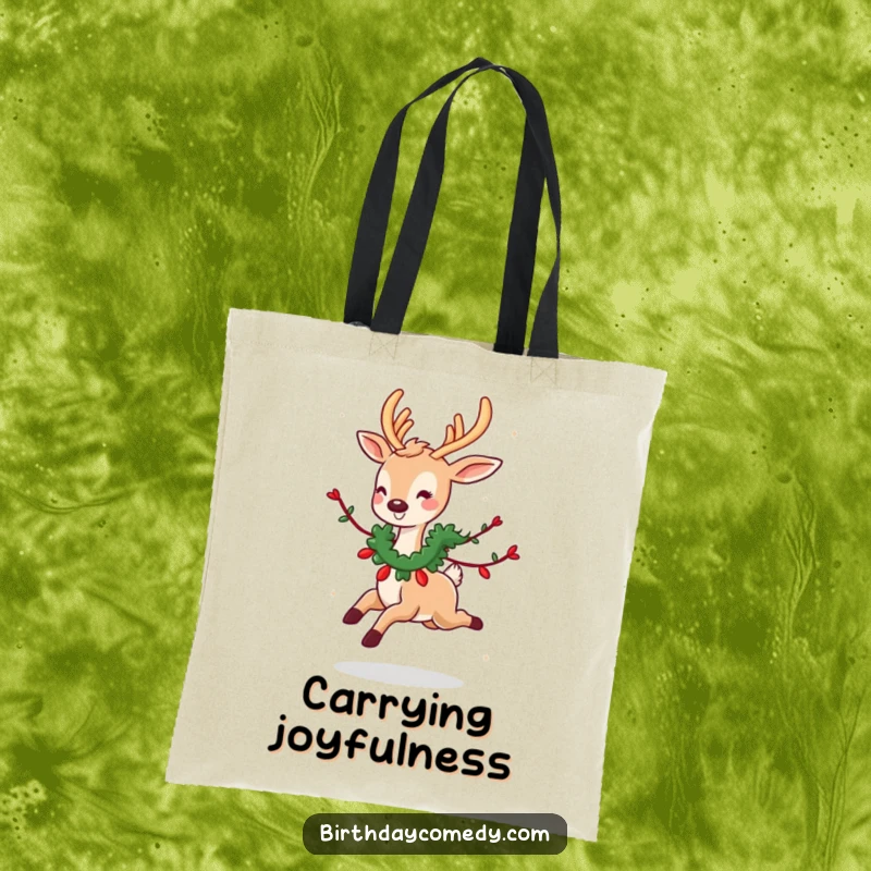 Funny tote bag graphic: A cute deer adorned with a garland skips joyfully, embodying festive cheer and playful movement.