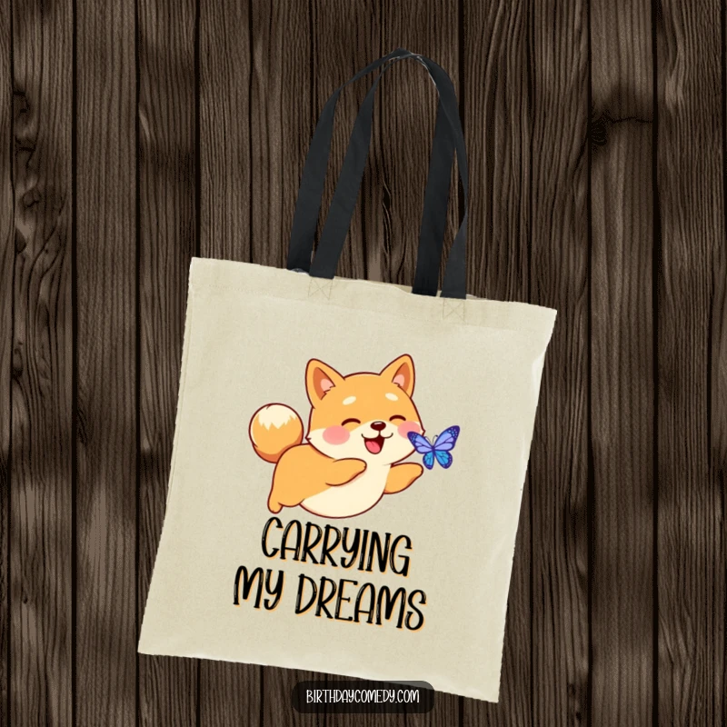 Funny tote bag depicting a happy Shiba Inu with a perky tail, enthusiastically chasing a glowing digital butterfly.