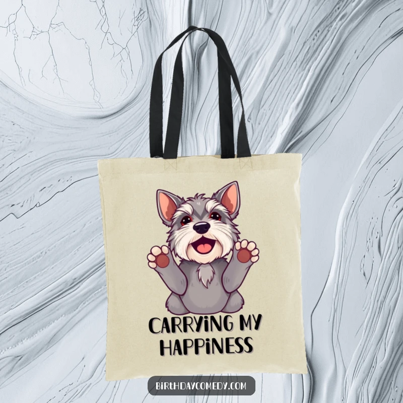 Funny schnauzer tote bag with playful paws-up design, great for carrying items with a humorous doggy flair.