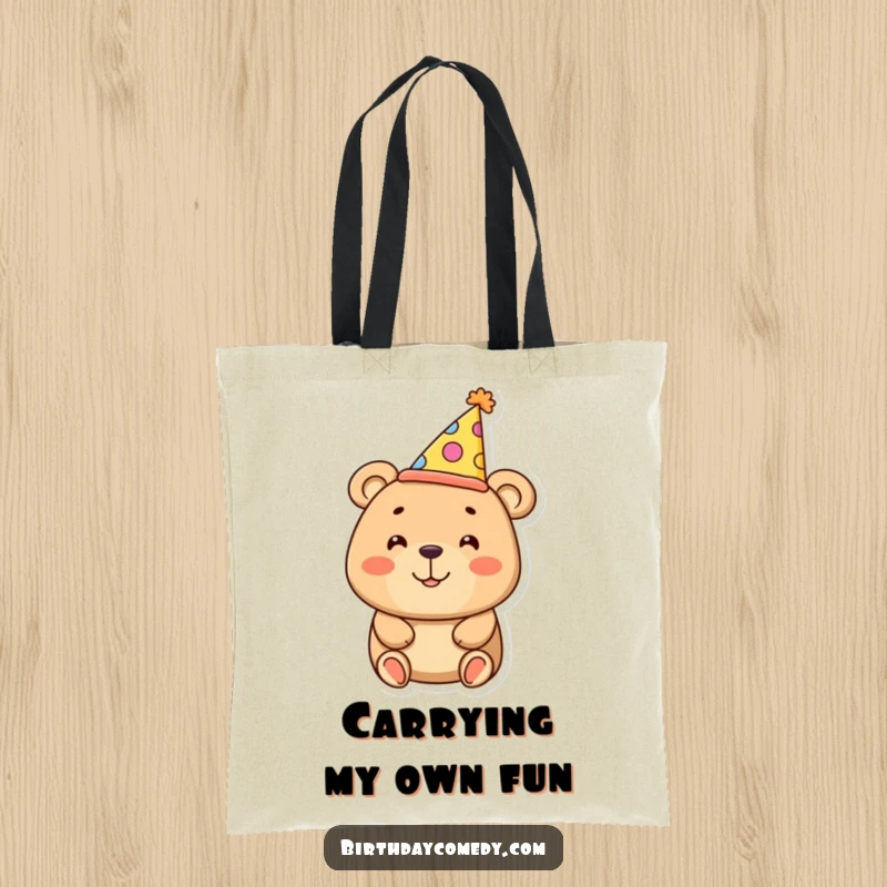 Funny bear tote bag featuring a smiling bear with an oversized party hat, ideal for humorous shoppers and bear lovers.
