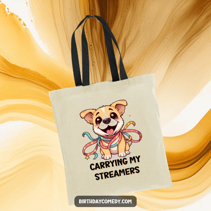 Funny Dog Ribbon Tote Bag: A silly dog is happily entangled in colorful festive ribbons, a humorous and practical tote.
