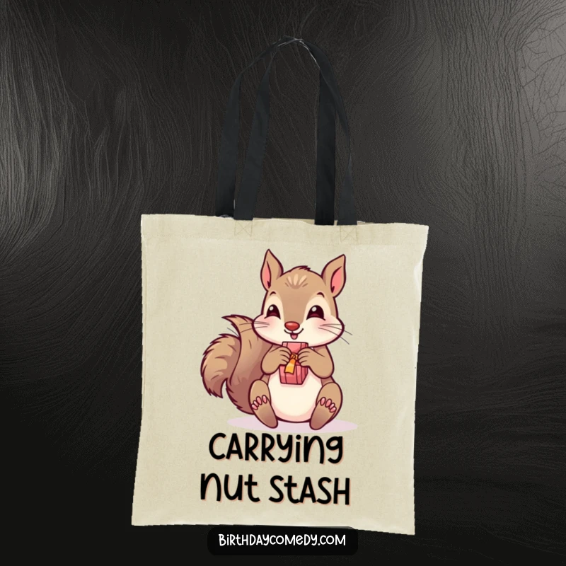 Funny tote bag with a playful squirrel enthusiastically unwrapping a present, perfect for carrying items with humorous gift-themed flair.