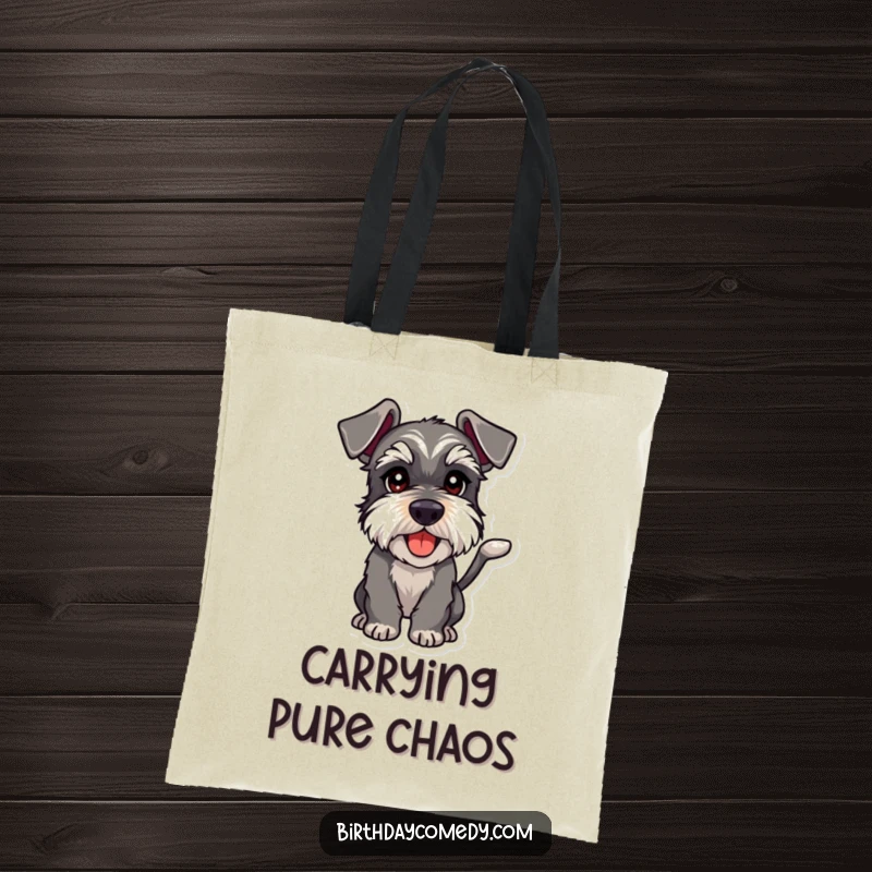Funny schnauzer tote bag featuring a dog with a wagging tail and playful intent, perfect for carrying items with humor.