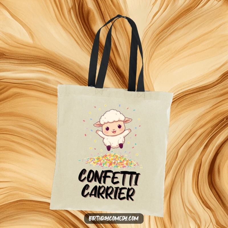 Funny tote bag showing a happy sheep mid-leap over a large mound of colorful confetti.
