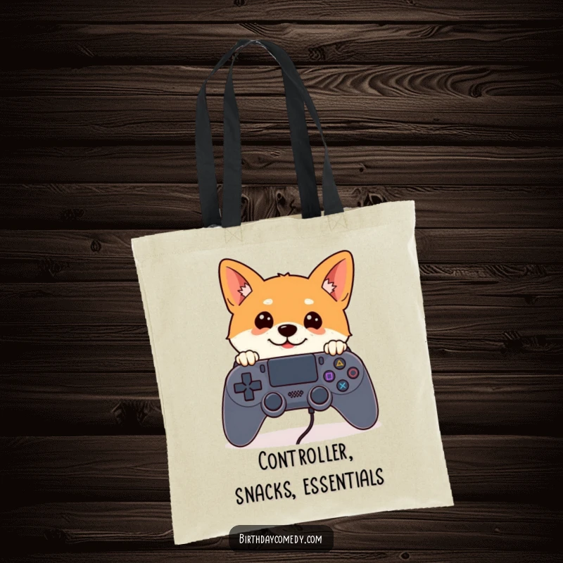 Funny Shiba Inu tote bag showing a curious Shiba Inu with perked ears peeking from behind a huge game controller, ideal for gamers.