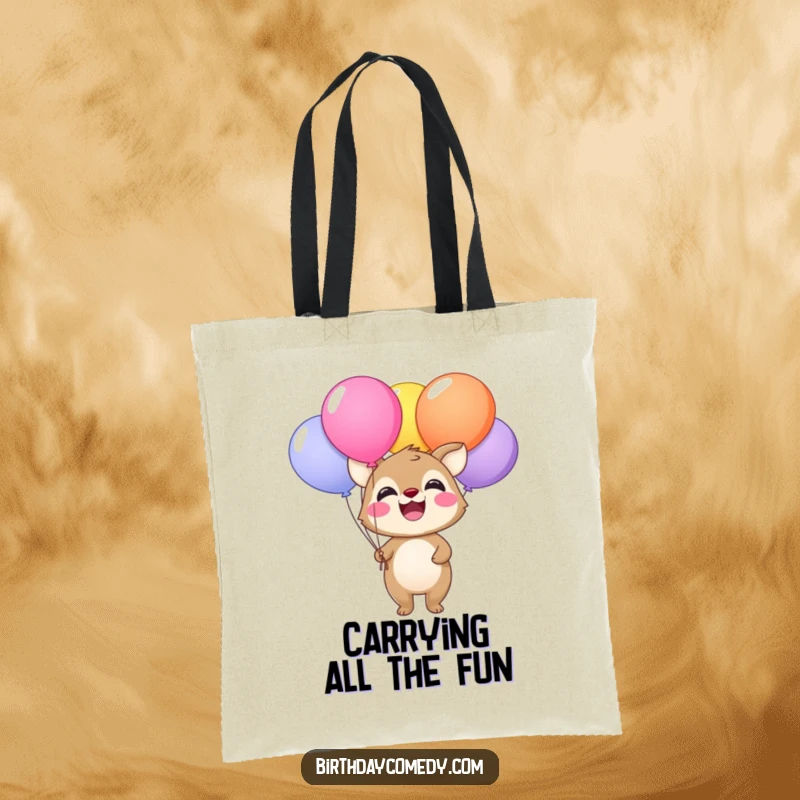 Funny tote bag featuring a happy animal beaming with a bunch of brightly colored balloons, stylish and fun.