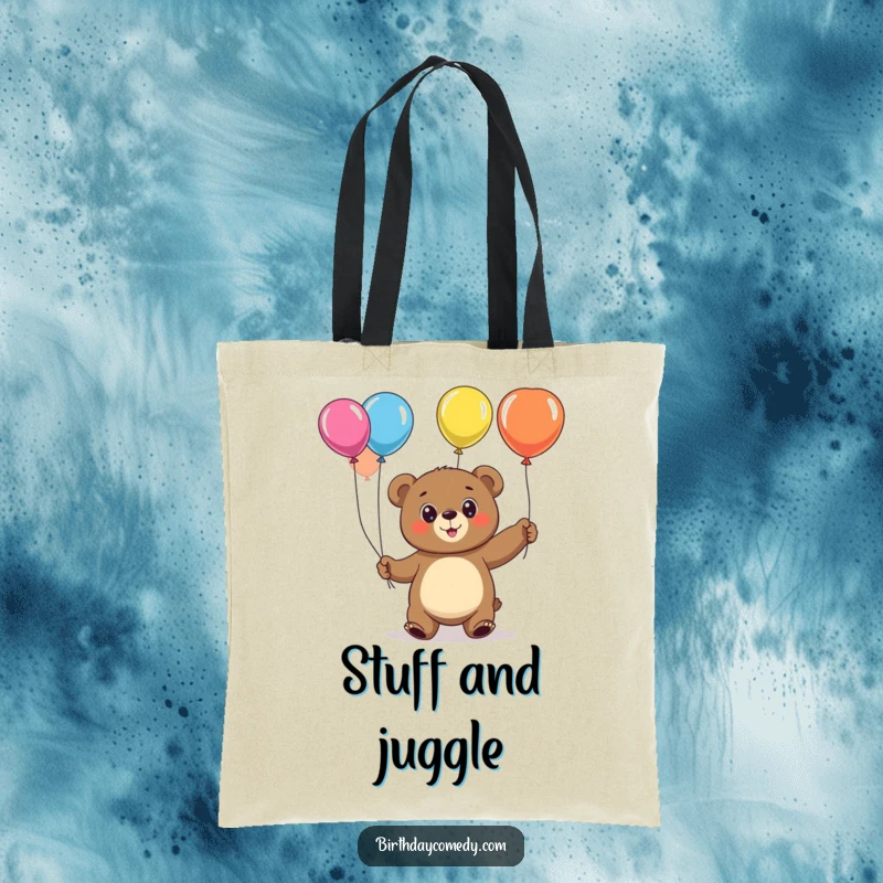 Funny bear tote bag, a cheerful character with wide eyes, juggling colorful balloons, perfect for everyday use.