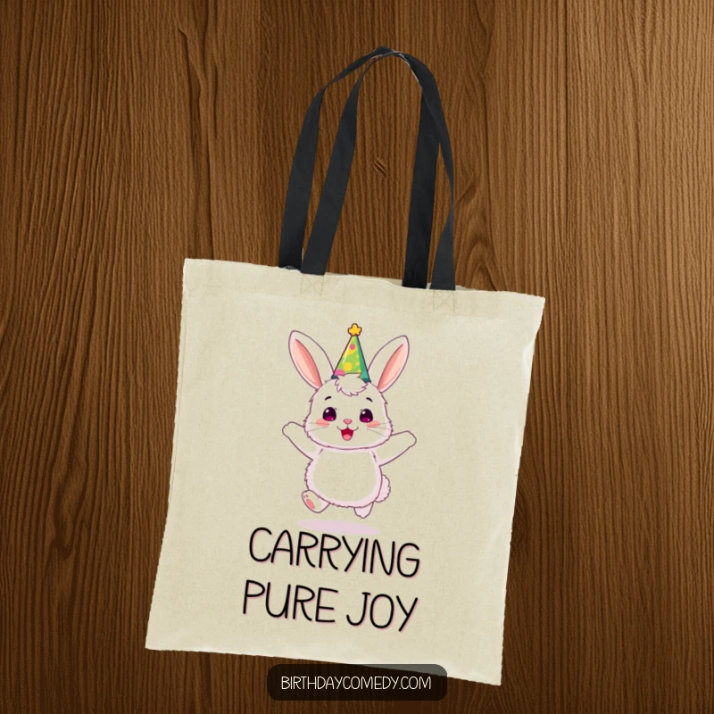 Funny bunny tote bag, a fluffy character in a party hat, depicted joyfully bouncing, perfect for carrying essentials.
