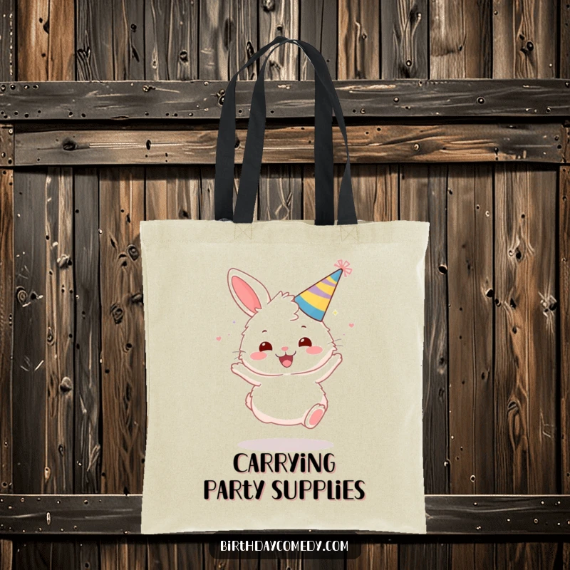 Funny tote bag showing a fluffy bunny in a party hat gleefully bouncing with excitement.