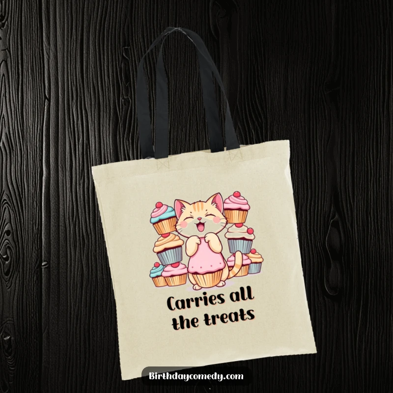 Funny cat tote bag, giggling, balancing cupcakes, stylish and practical, excellent funny gift.
