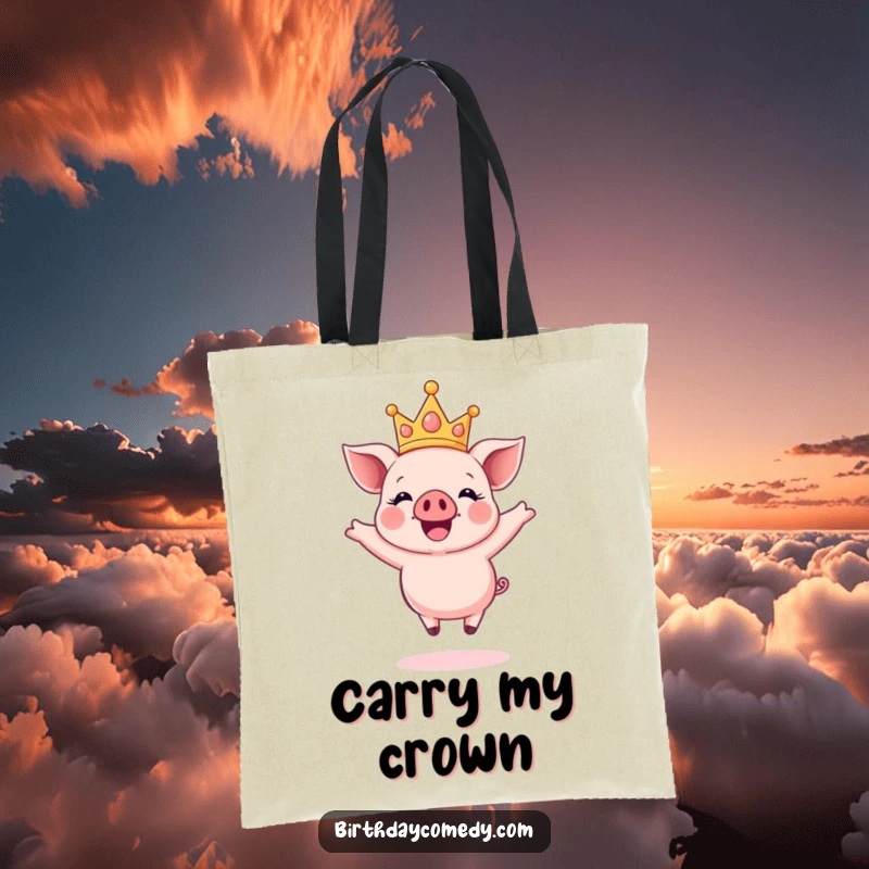 Funny tote bag showing a happy piglet wearing a sparkly crown, joyfully jumping mid-air, ready for errands.