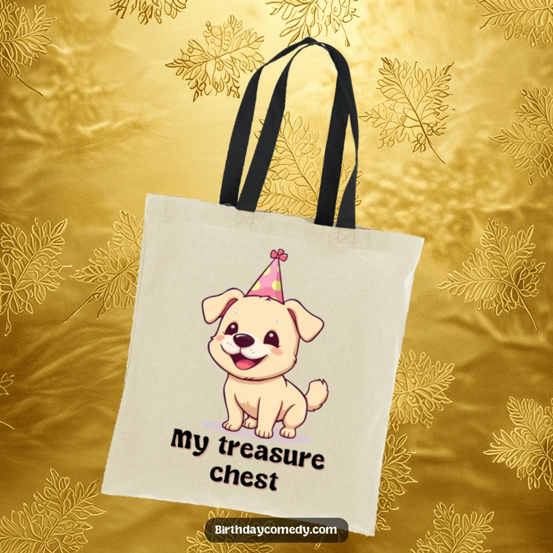 Funny dog tote bag, silly party hat, wagging tail, practical and fun, excellent funny gift.