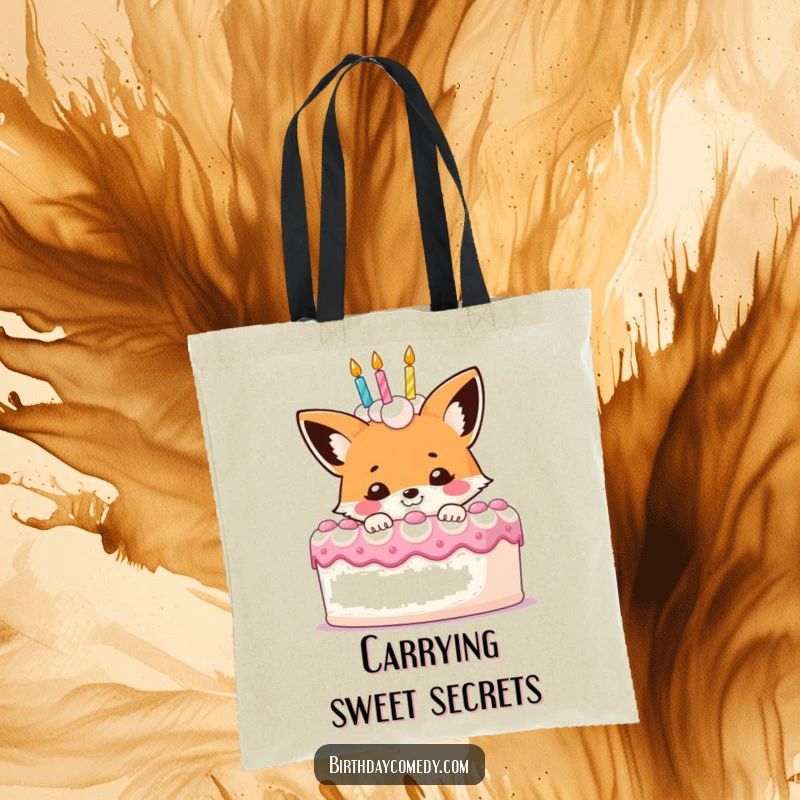 Funny fox tote bag, a smiling character peeking behind a giant birthday cake, perfect for carrying essentials.