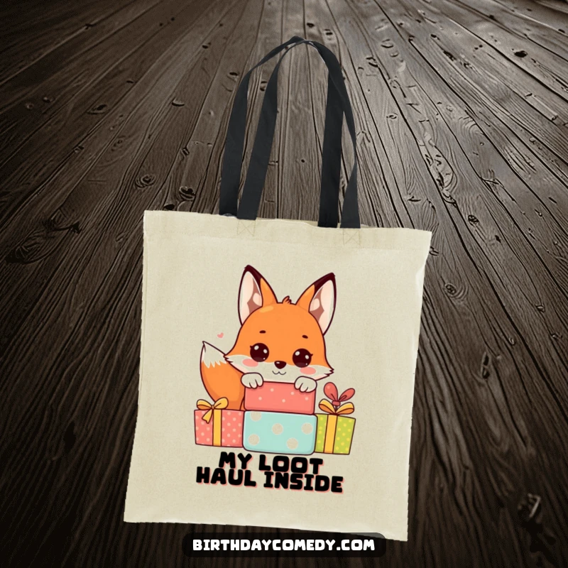 Funny fox tote bag showing a cheerful fox with large eyes peeking from behind a stack of gift boxes, perfect for shoppers.