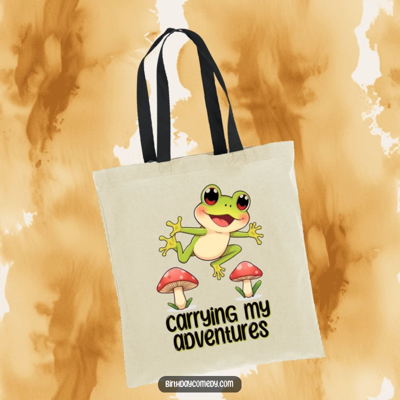 Funny tote bag illustrating a joyful frog with wide, curious eyes leaping from one mushroom cap to another, embodying active curiosity.