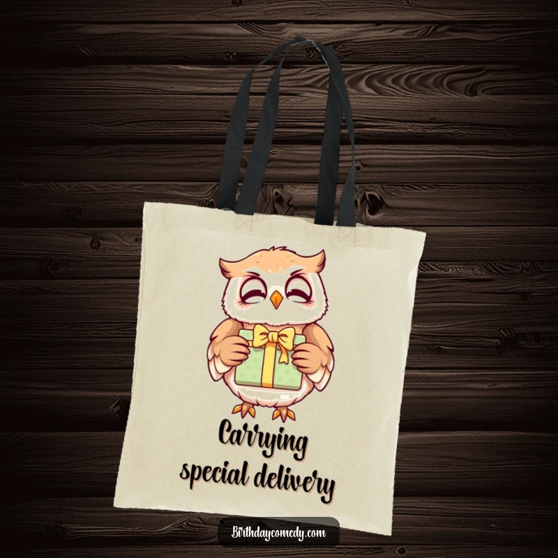 Funny owl tote bag, a giggling character holding a gift with its wings, perfect for carrying daily essentials.