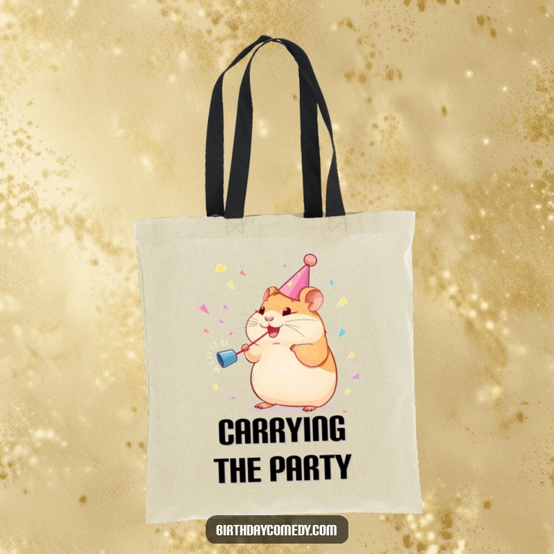 Funny Tote Bag: Plump hamster with streamer chases confetti, perfect for carrying party supplies.