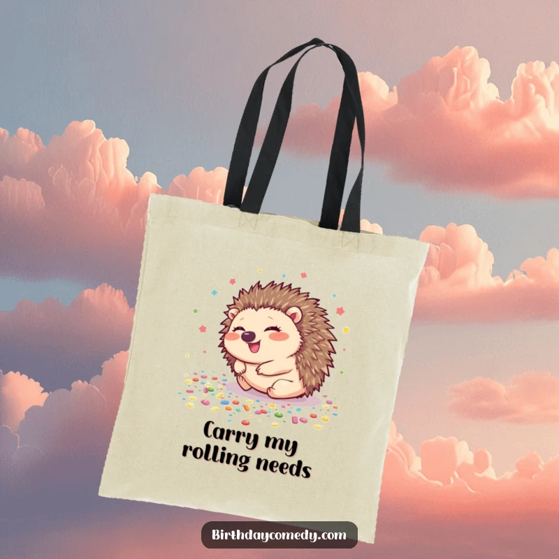 Funny hedgehog tote bag depicting a giggling hedgehog rolling across a confetti-covered floor, perfect for carrying daily items.