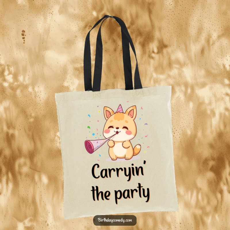 Funny tote bag showcasing a kawaii character joyfully blowing a party horn, creating a burst of colorful confetti, perfect for celebrations.