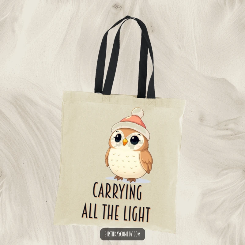 Funny Owl Christmas Tote Bag: Whimsical owl in a stocking cap enjoys the glow of twinkling Christmas lights, a festive and functional bag.