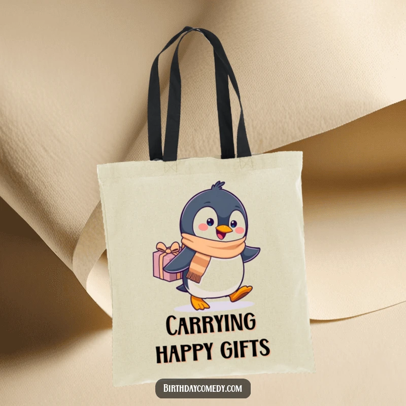 Funny penguin tote bag, wearing a scarf, waddling with purpose carrying a gift, ideal for festive shopping.