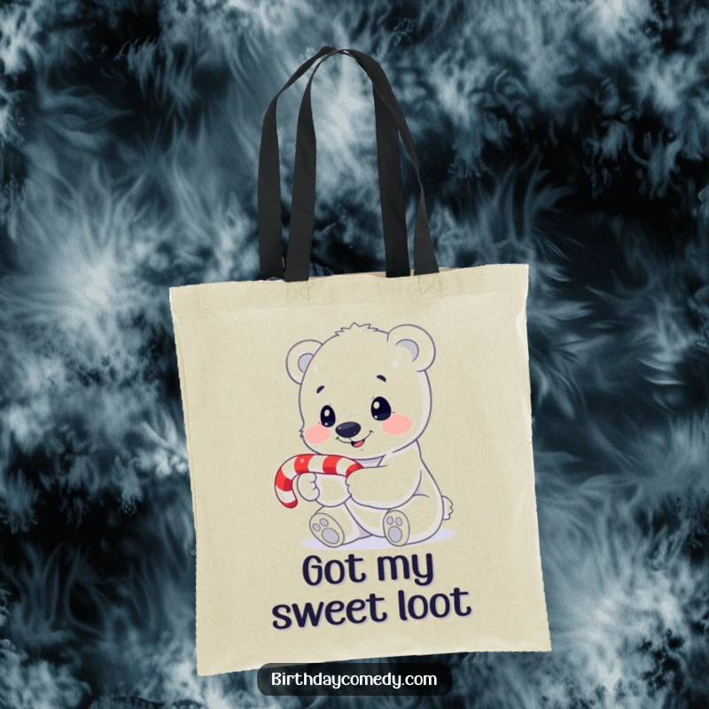Funny polar bear cub tote bag, holding a candy cane, showcasing a sweet and inquisitive expression, ideal for holiday errands.