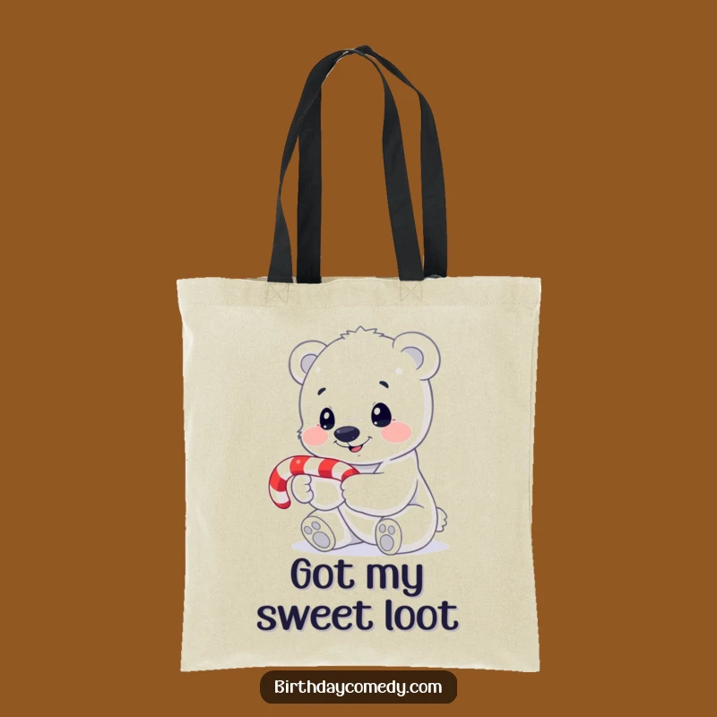 Funny Polar Bear Cub Tote Bag: Cute Candy Cane Christmas Shopping Gift