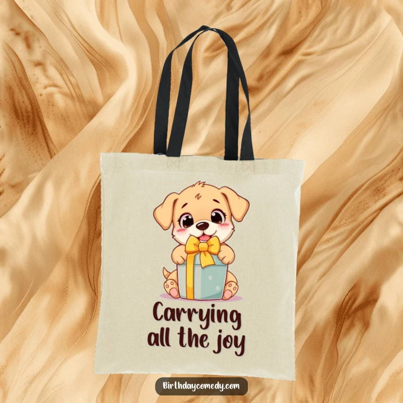 Funny Tote Bag showcasing an excited puppy with wide eyes, enthusiastically unwrapping a festive gift, perfect for carrying treasures.