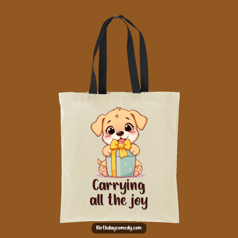 Funny Puppy Tote Bag: Adorable pup unwrapping a gift, a spacious and hilariously charming tote for everyday use and a great gift.