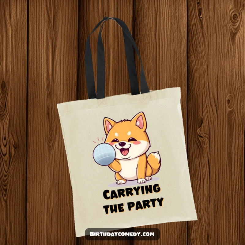 Funny Shiba Inu tote bag showcasing a Shiba Inu having a blast batting at a disco ball, embodying playful celebration.