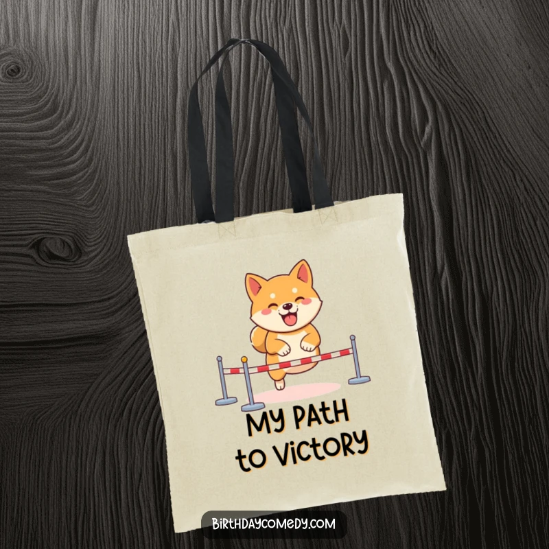 Funny Shiba Inu gamer tote bag, determined virtual obstacle course, gaming accessory, esports carrier, joyful challenge bag.