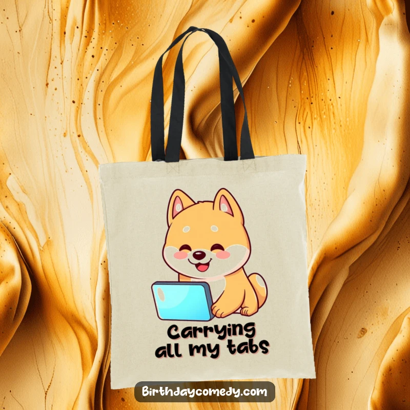 Funny Shiba Inu tote bag illustrating a Shiba Inu's head tilt while looking at a screen, great for daily use.