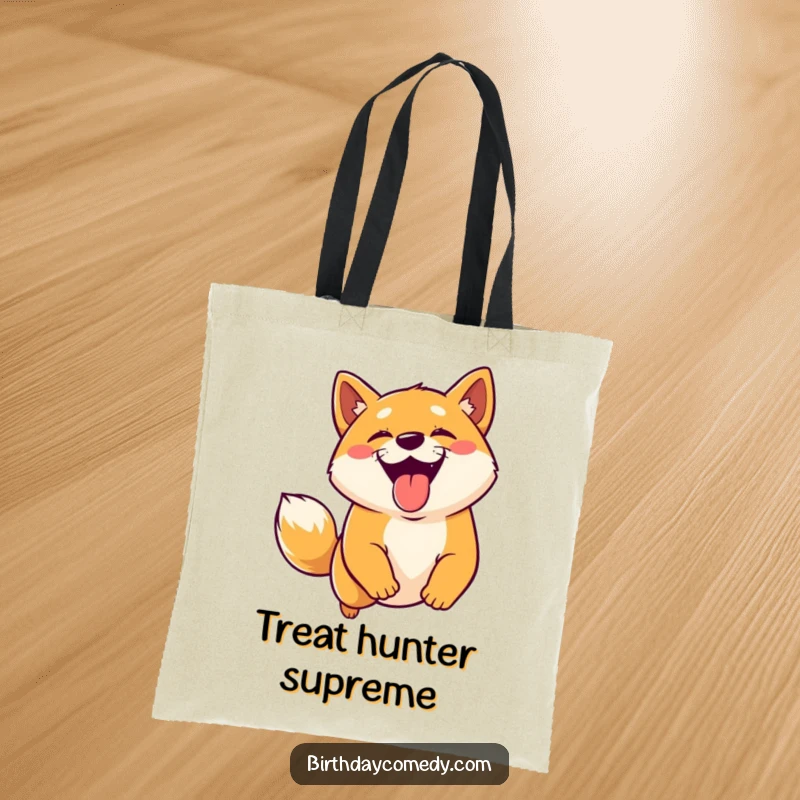 Funny Shiba Inu tote bag featuring a joyful dog with tongue sticking out, leaping energetically towards a virtual treat.